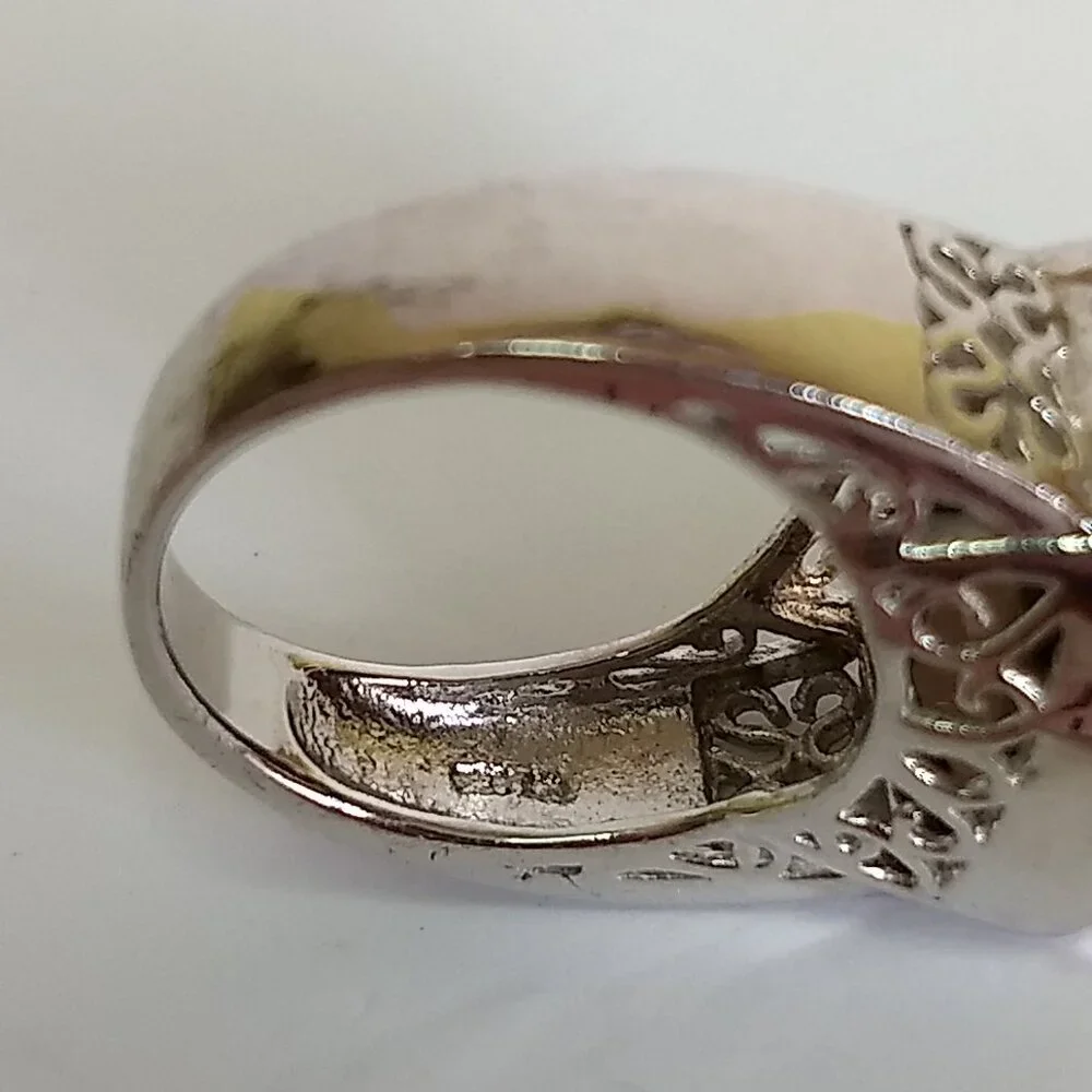 Chocolate Brown Faceted Stone Ring Openwork Sides Silver Tone Ring Size 6.5